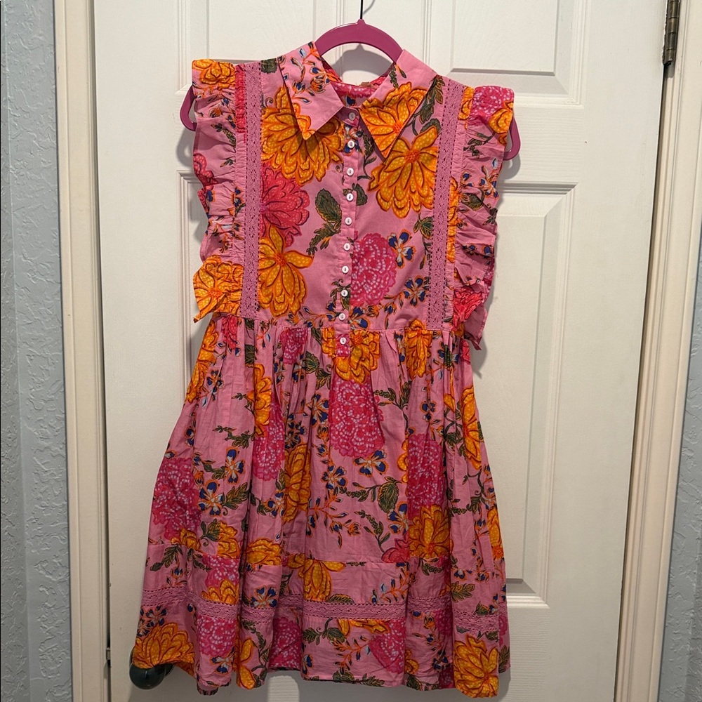 Olivaceous Pink Floral Mini Dress with Yellow Accents